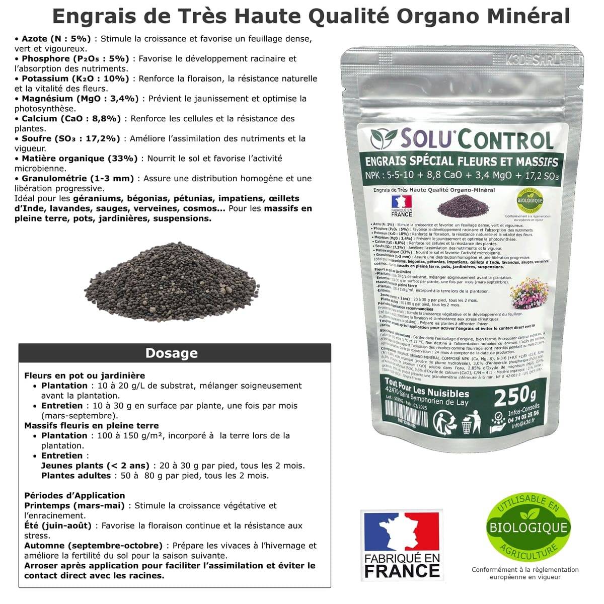 SOLU’CONTROL - 250 g - Engrais Spécial Fleurs et Massifs NPK 5-5-10 - Favorise une floraison abondante, éclatante et durable - UAB - Image 3