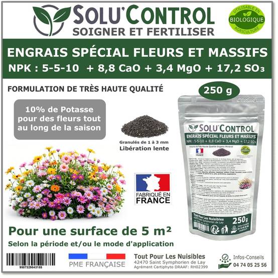 SOLU’CONTROL - 250 g - Engrais Spécial Fleurs et Massifs NPK 5-5-10 - Favorise une floraison abondante, éclatante et durable - UAB - Image 1