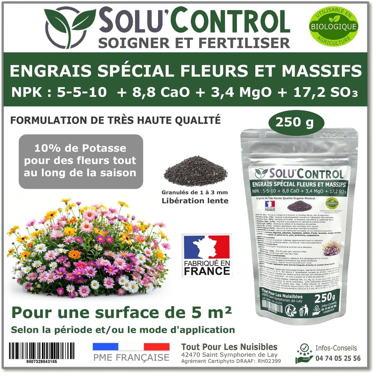 SOLU’CONTROL - 250 g - Engrais Spécial Fleurs et Massifs NPK 5-5-10 - Favorise une floraison abondante, éclatante et durable - UAB - Image 1