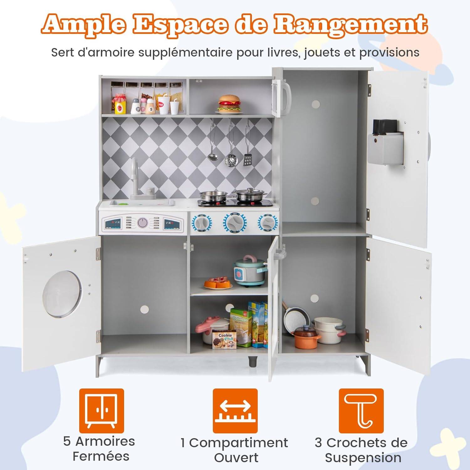COSTWAY 9 en 1 Cuisine Enfants en Bois avec Effets Sonores & Lumières Réels, Jeu de Cuisine Bois Enfant avec Machine à Glaçons & Micro-Ondes, Jeu