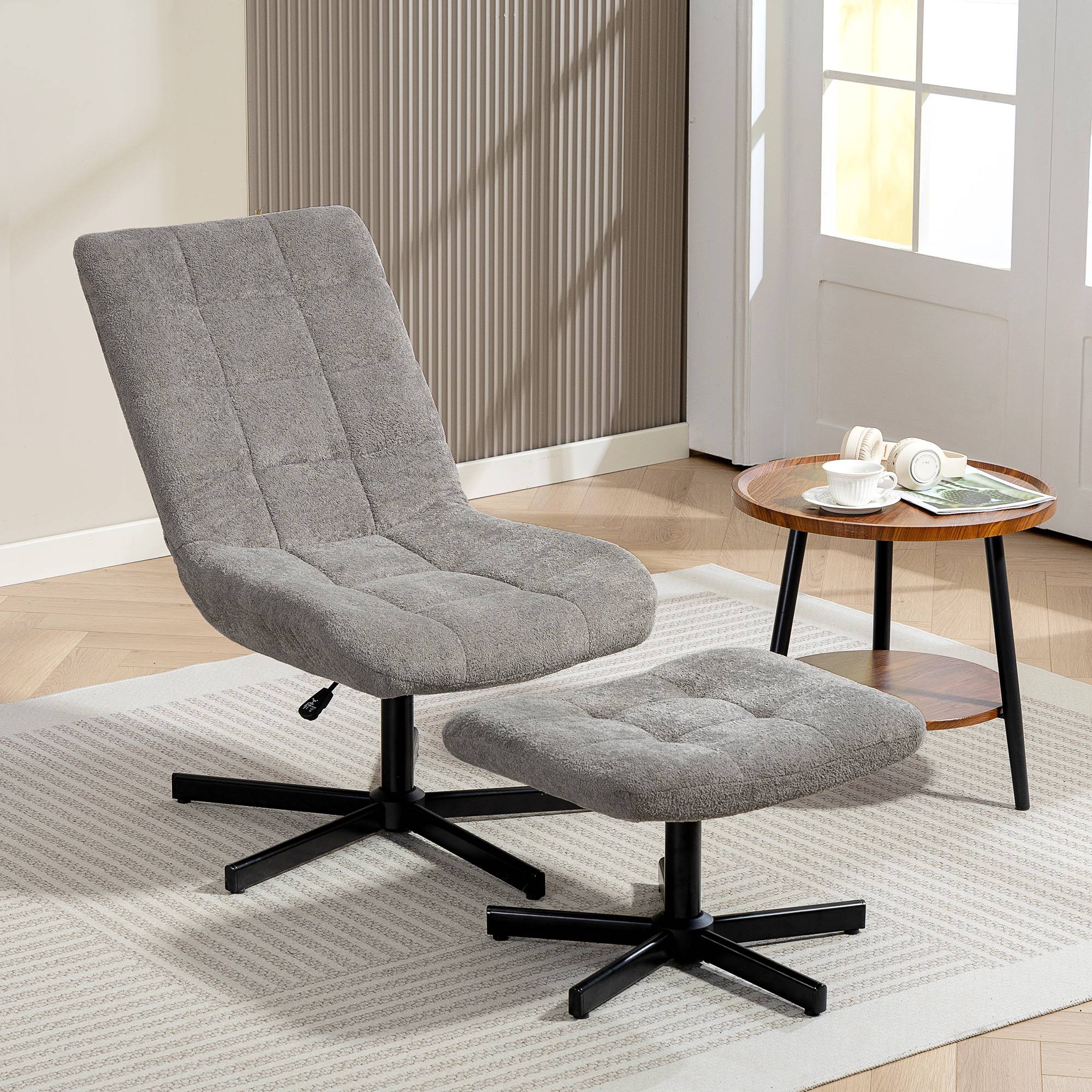Sans Marque - Fauteuil salon avec repose-pieds, chaise pivotante, hauteur réglable, dossier inclinable, 66 x 80 x 93-104 cm, gris - Image 4
