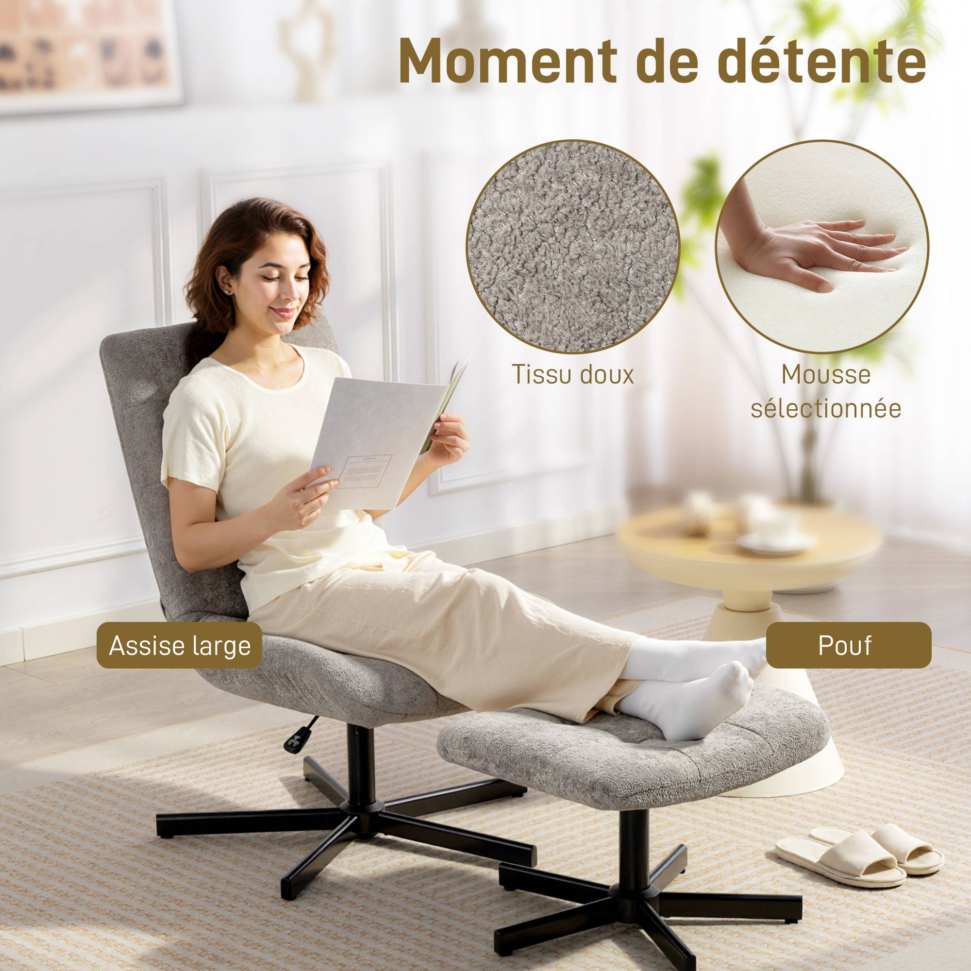 Sans Marque - Fauteuil salon avec repose-pieds, chaise pivotante, hauteur réglable, dossier inclinable, 66 x 80 x 93-104 cm, gris - Image 8
