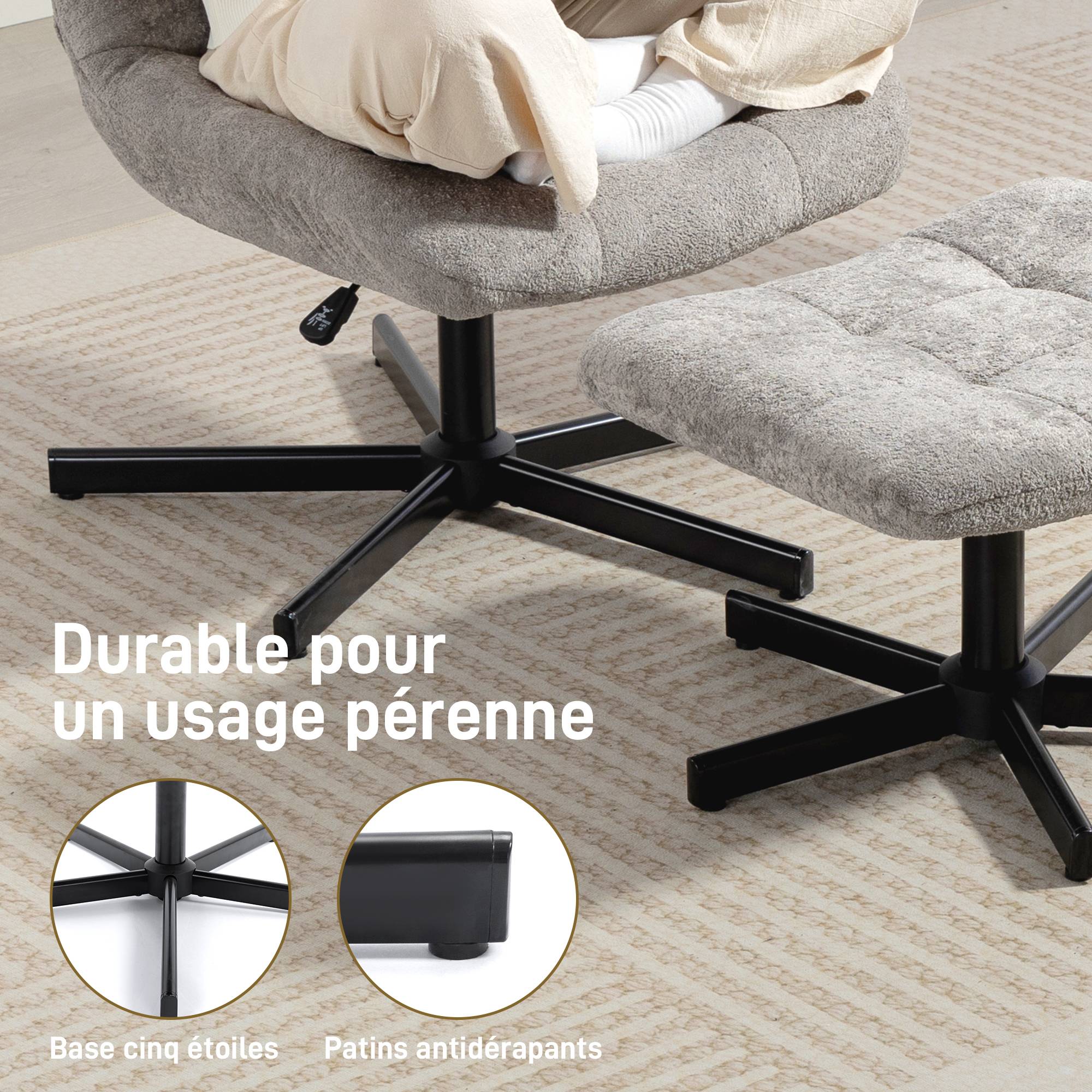 Sans Marque - Fauteuil salon avec repose-pieds, chaise pivotante, hauteur réglable, dossier inclinable, 66 x 80 x 93-104 cm, gris - Image 10