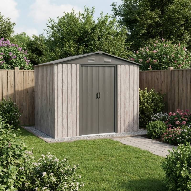 Abri de jardin métal 4,1m² beige avec double porte et kit d'ancrage X-Metal WoodTouch - Image 1