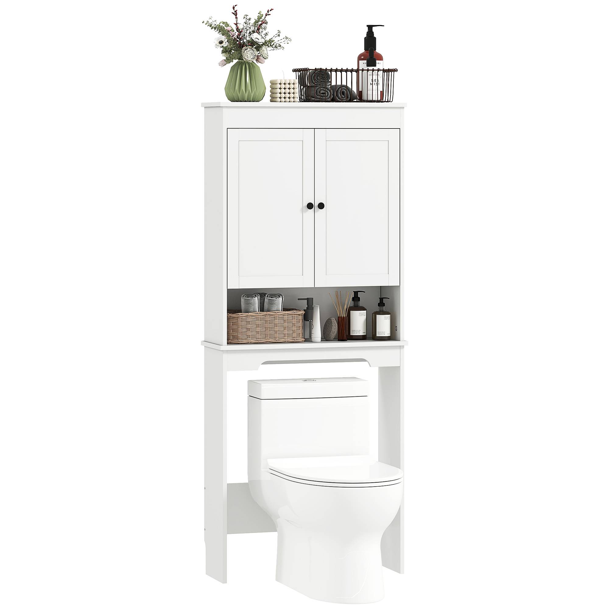 Sans Marque - Meuble toilette 3 étagères fermées étagère ouverte bois 65x22x161 cm blanc - Image 1
