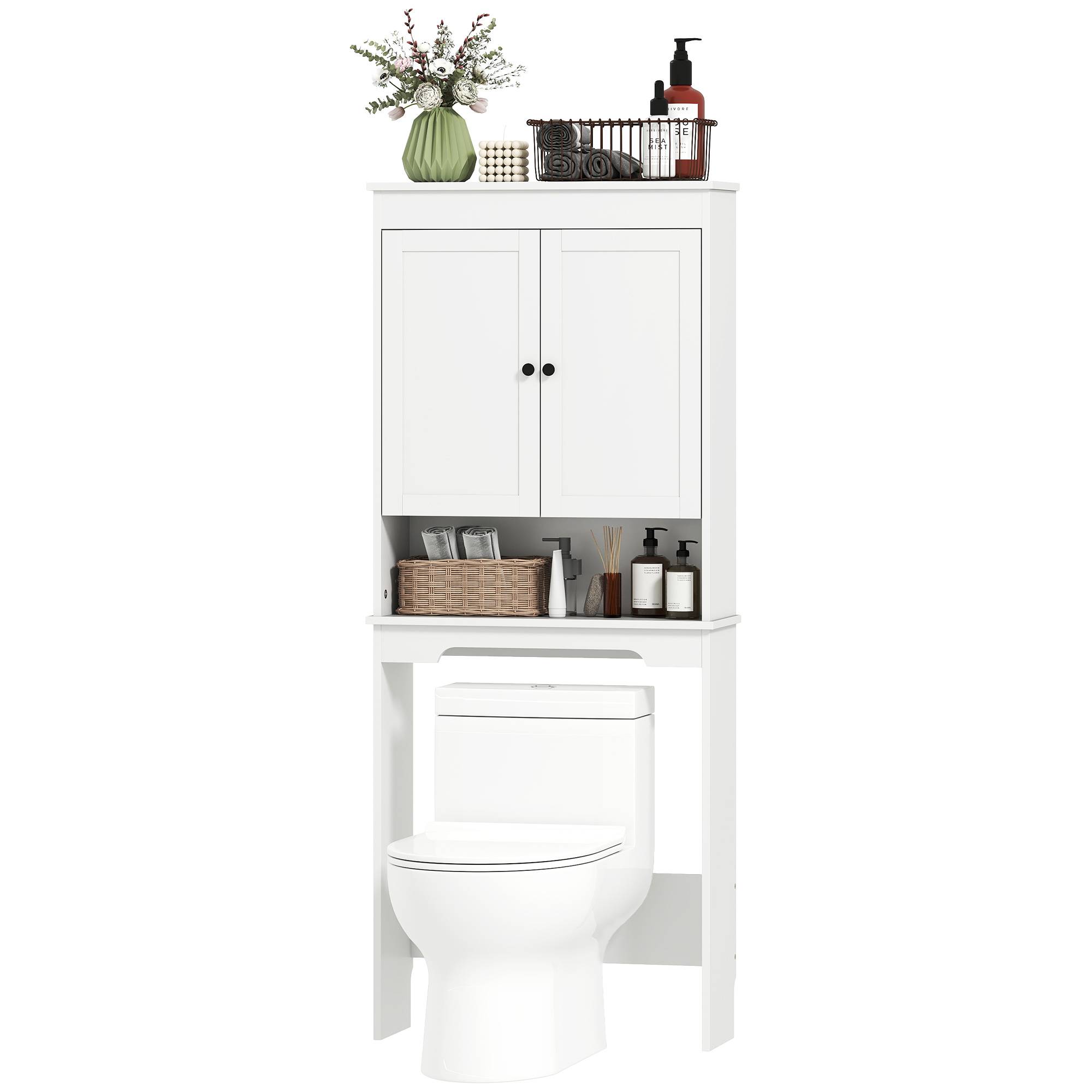 Sans Marque - Meuble toilette 3 étagères fermées étagère ouverte bois 65x22x161 cm blanc - Image 2