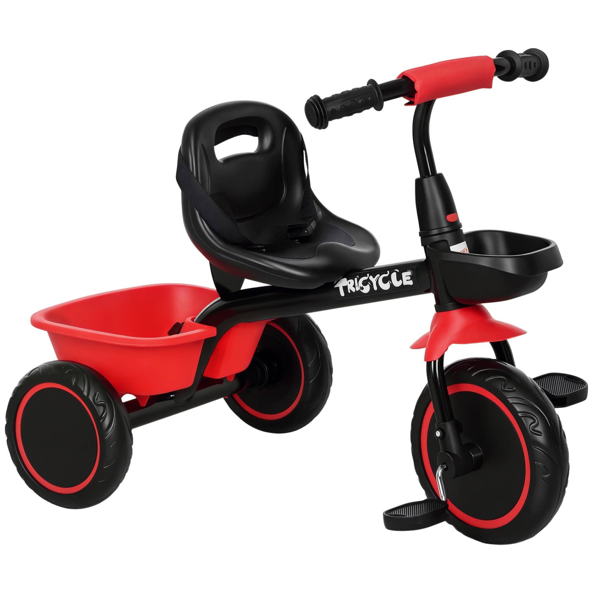 Tricycle pour enfant évolutif avec siège réglable pédales 2 paniers ceinture pour enfant de 2 à 5 ans rouge et noir - Image 1