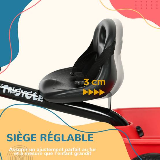 Tricycle pour enfant évolutif avec siège réglable pédales 2 paniers ceinture pour enfant de 2 à 5 ans rouge et noir - Image 7