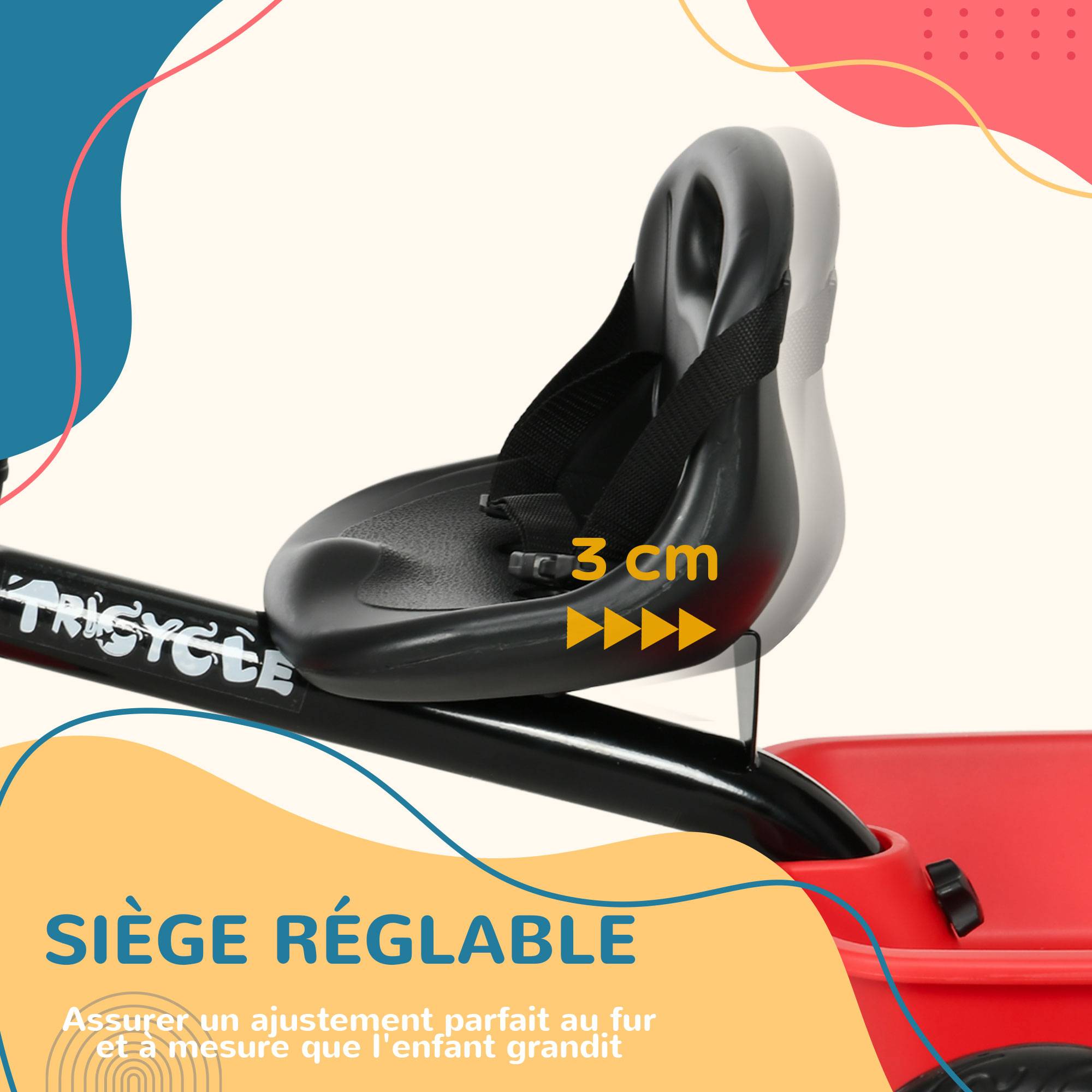 Tricycle pour enfant évolutif avec siège réglable pédales 2 paniers ceinture pour enfant de 2 à 5 ans rouge et noir - Image 7