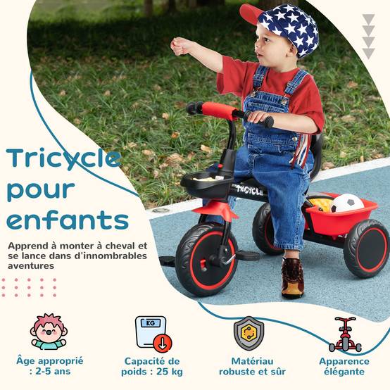 Tricycle pour enfant évolutif avec siège réglable pédales 2 paniers ceinture pour enfant de 2 à 5 ans rouge et noir - Image 6