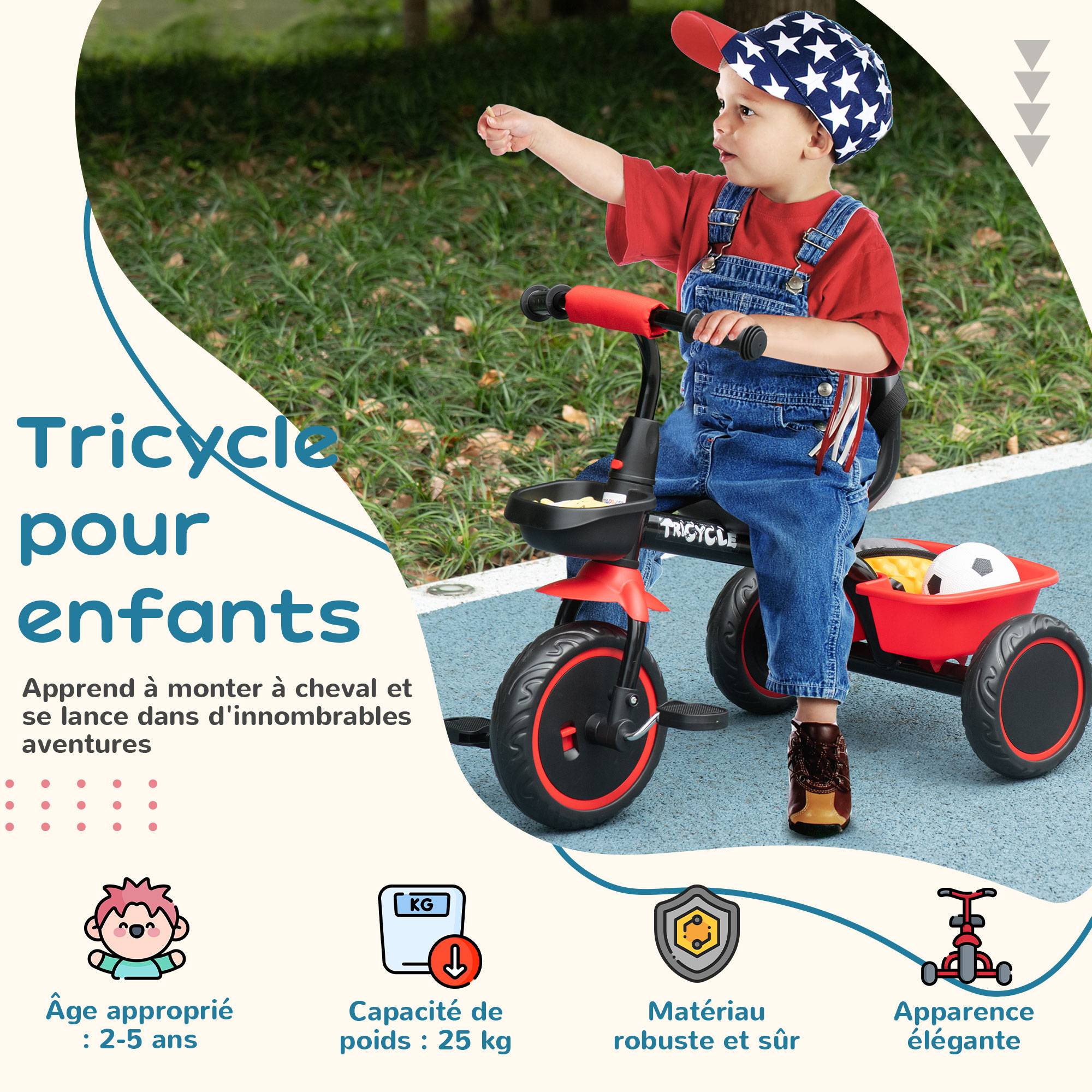 Tricycle pour enfant évolutif avec siège réglable pédales 2 paniers ceinture pour enfant de 2 à 5 ans rouge et noir - Image 6
