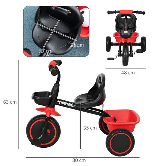 Tricycle pour enfant évolutif avec siège réglable pédales 2 paniers ceinture pour enfant de 2 à 5 ans rouge et noir - Image 5