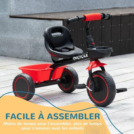 Tricycle pour enfant évolutif avec siège réglable pédales 2 paniers ceinture pour enfant de 2 à 5 ans rouge et noir - Image 9