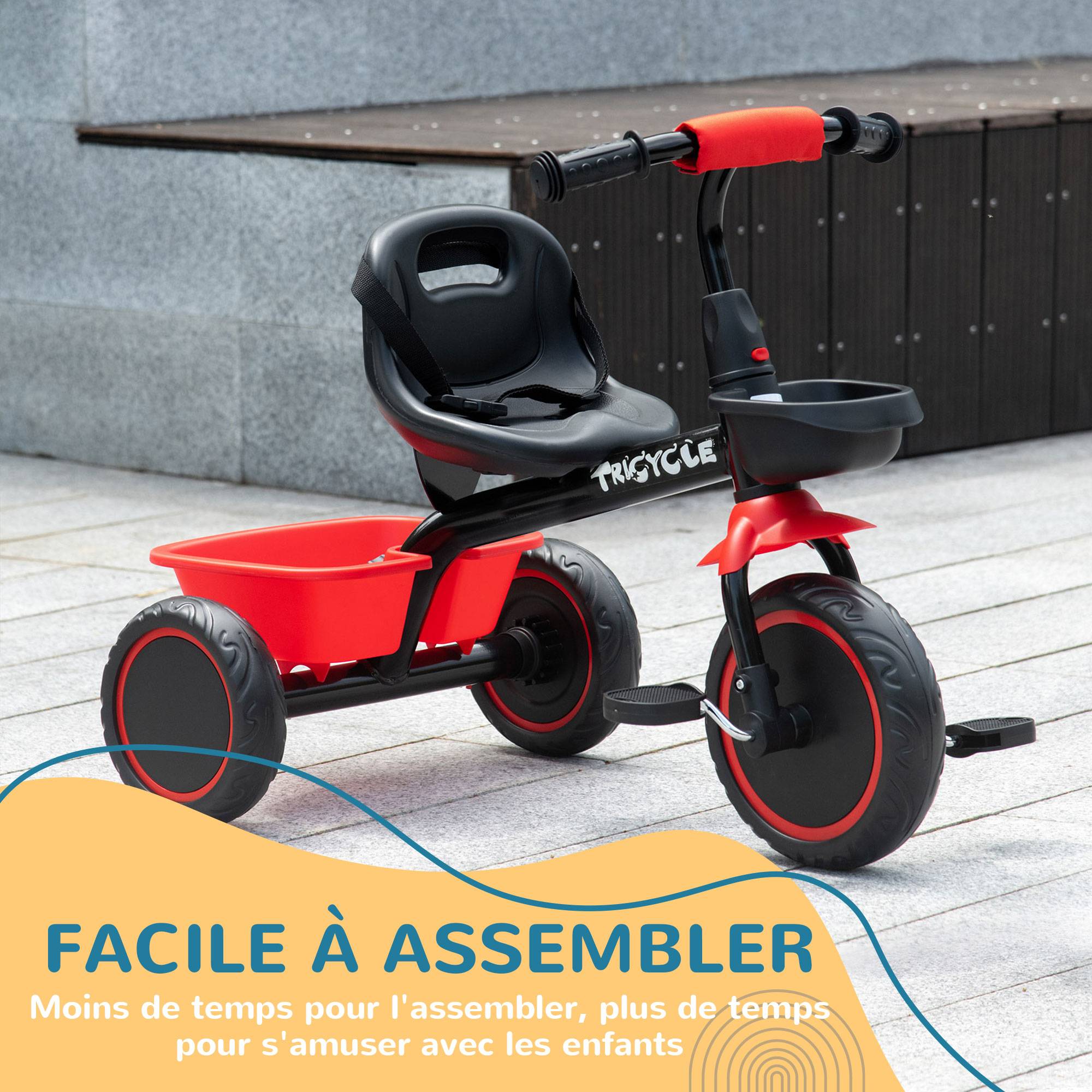 Tricycle pour enfant évolutif avec siège réglable pédales 2 paniers ceinture pour enfant de 2 à 5 ans rouge et noir - Image 9