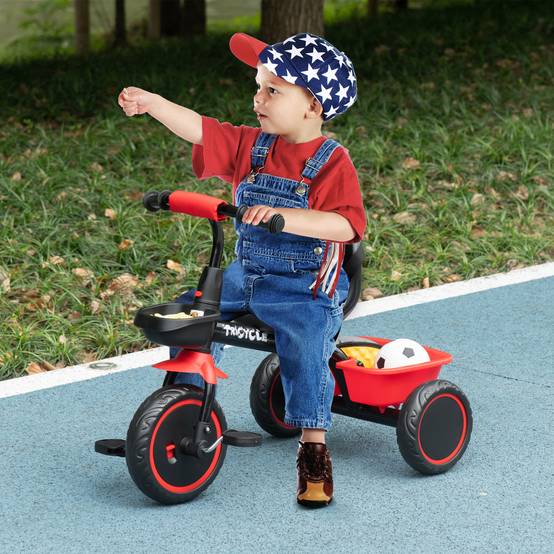 Tricycle pour enfant évolutif avec siège réglable pédales 2 paniers ceinture pour enfant de 2 à 5 ans rouge et noir - Image 3