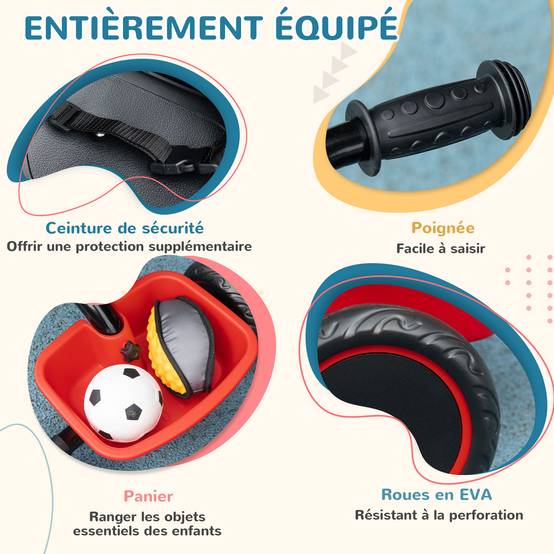 Tricycle pour enfant évolutif avec siège réglable pédales 2 paniers ceinture pour enfant de 2 à 5 ans rouge et noir - Image 8