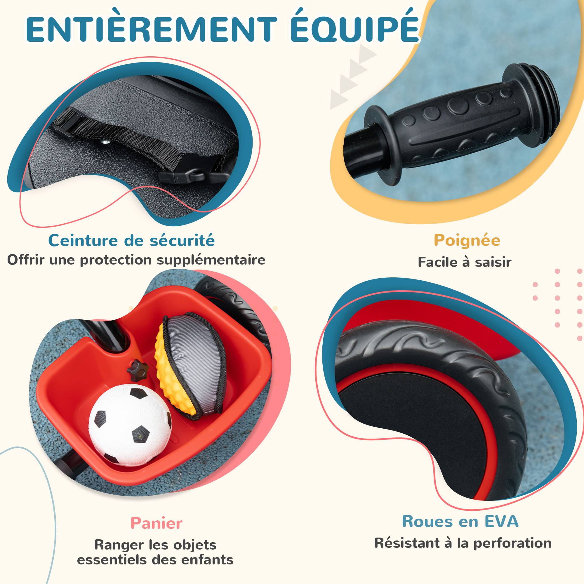 Tricycle pour enfant évolutif avec siège réglable pédales 2 paniers ceinture pour enfant de 2 à 5 ans rouge et noir - Image 8