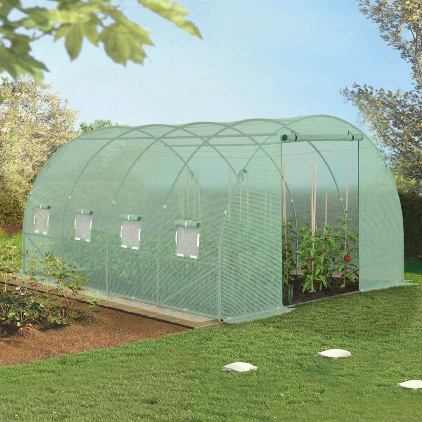 IDMARKET - Serre de jardin tunnel 12m² 4 x 3 x 2 m acier galvanisé + bâche anti-UV avec porte et fenêtres ZEBRA verte - Image 1