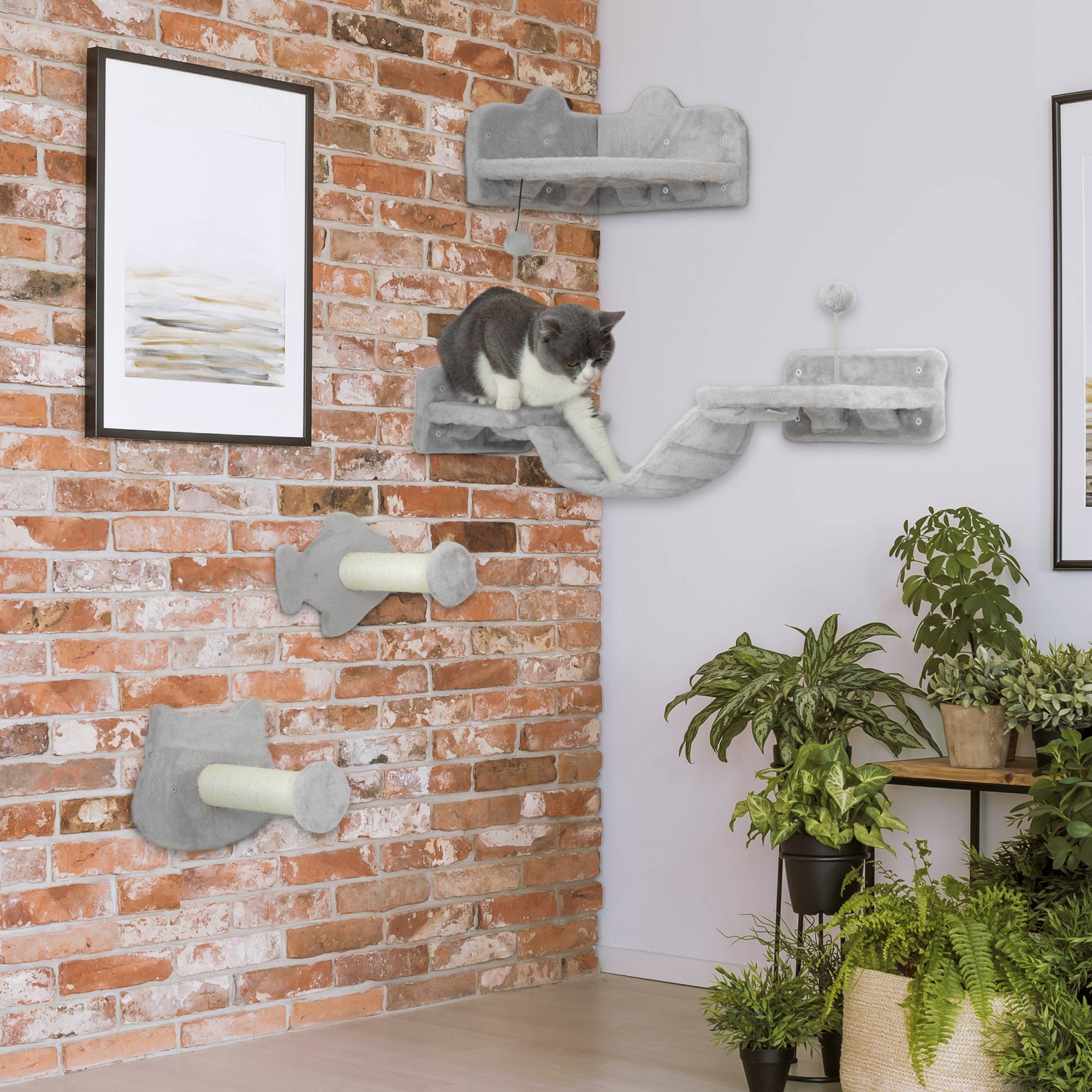 Parcours mural chat bois peluche intérieur saut escalade 90x26x12cm gris - ComfortXL Outdoor Living - Image 4