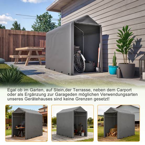 Garage à vélos 187×100×160cm, cadre acier revêtu par poudre, tente PE résistante aux intempéries gris foncé pour vélos et outils de jardin - Image 4
