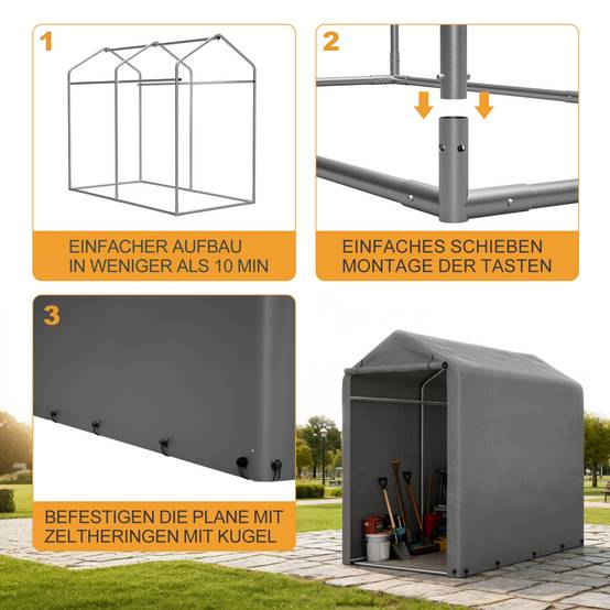 Garage à vélos 187×100×160cm, cadre acier revêtu par poudre, tente PE résistante aux intempéries gris foncé pour vélos et outils de jardin - Image 8