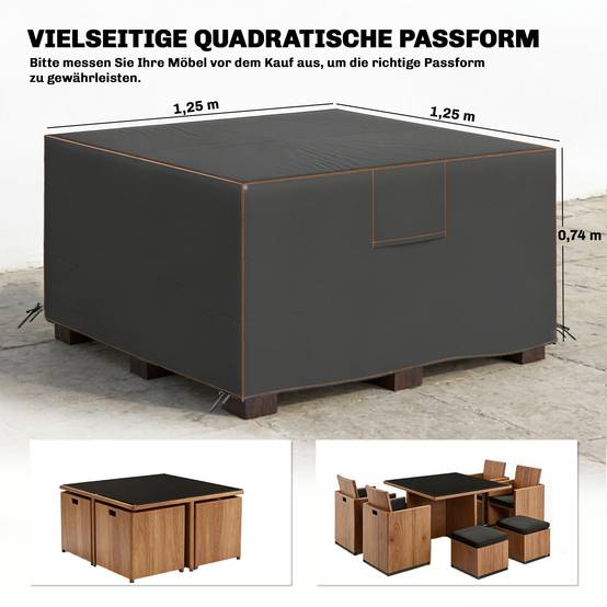 Housse de protection pour mobilier de jardin, résistante à l'hiver, imperméable et anti-UV, en tissu Oxford 420D, 125 x 125 x 74 cm, noire - Image 5