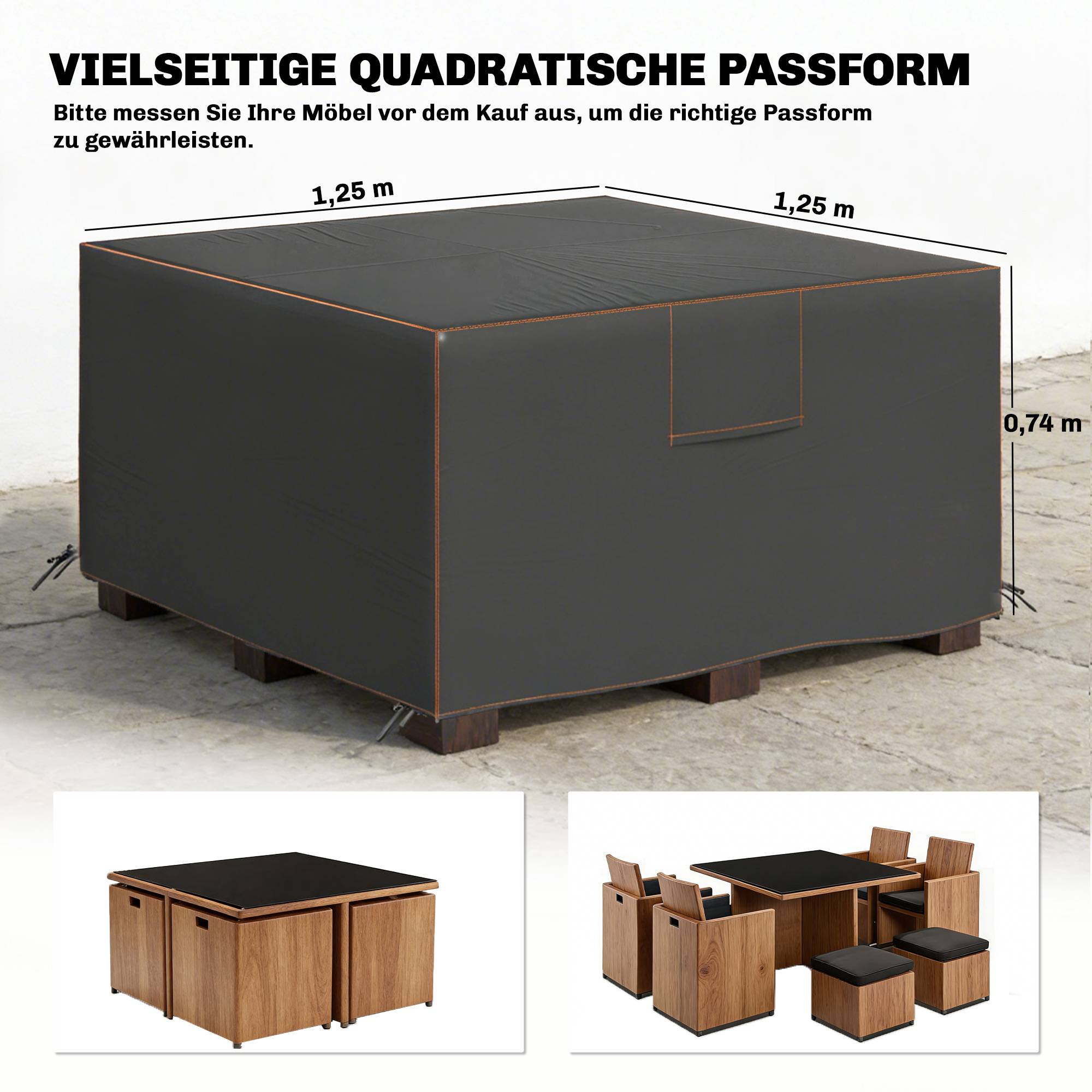 Housse de protection pour mobilier de jardin, résistante à l'hiver, imperméable et anti-UV, en tissu Oxford 420D, 125 x 125 x 74 cm, noire - Image 5