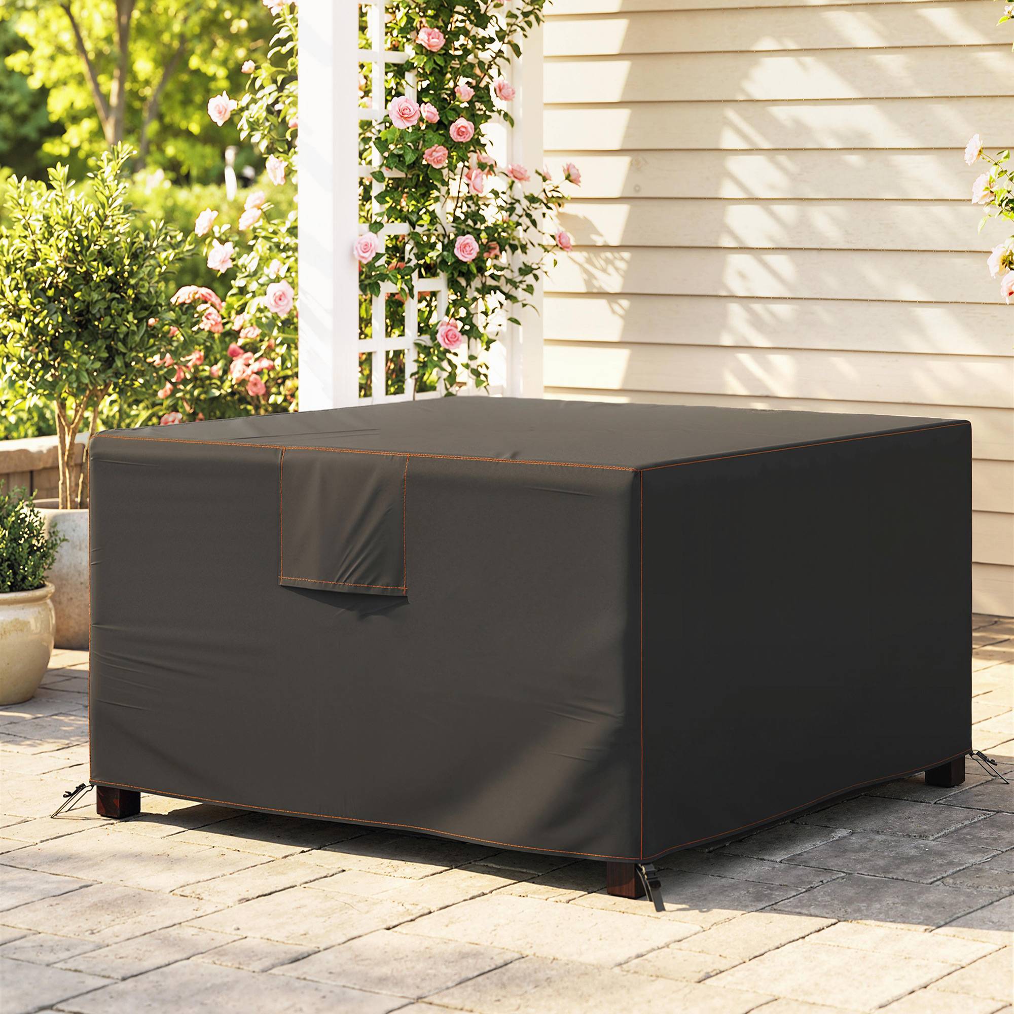 Housse de protection pour mobilier de jardin, résistante à l'hiver, imperméable et anti-UV, en tissu Oxford 420D, 125 x 125 x 74 cm, noire - Image 3