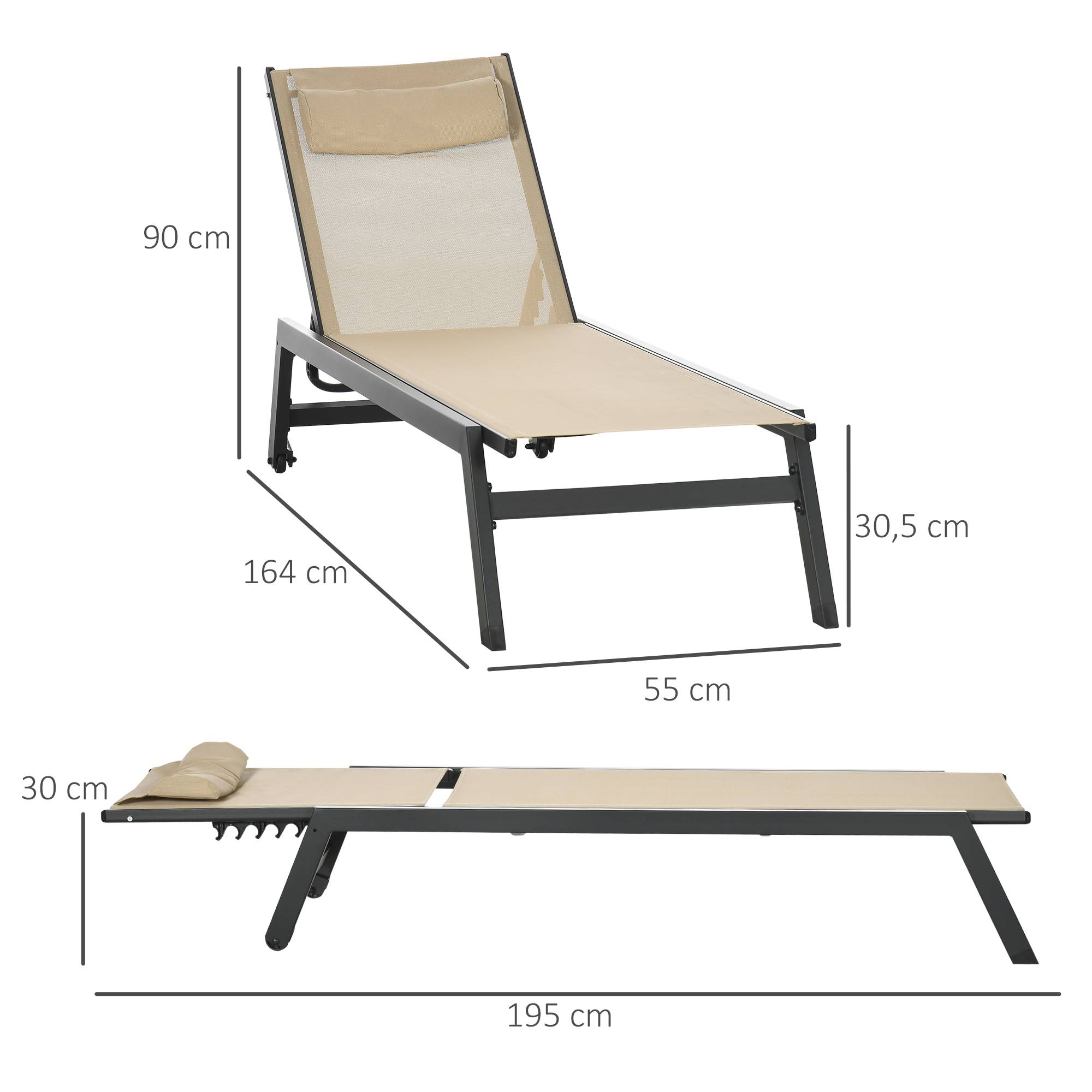 Bain de soleil transat en aluminium et textilène avec roulettes - 164x55x90cm Kaki fr40 - Image 5