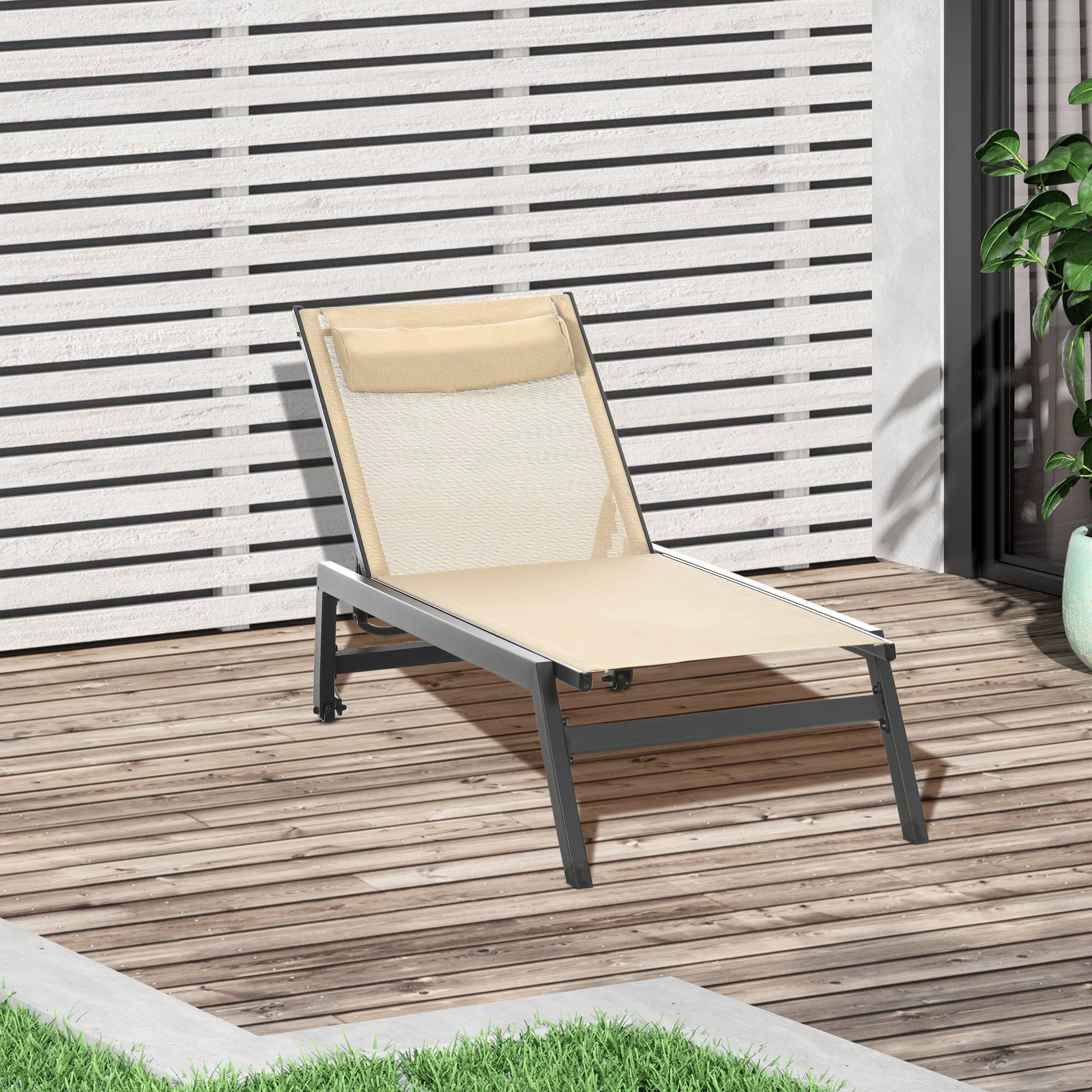 Bain de soleil transat en aluminium et textilène avec roulettes - 164x55x90cm Kaki fr40 - Image 4