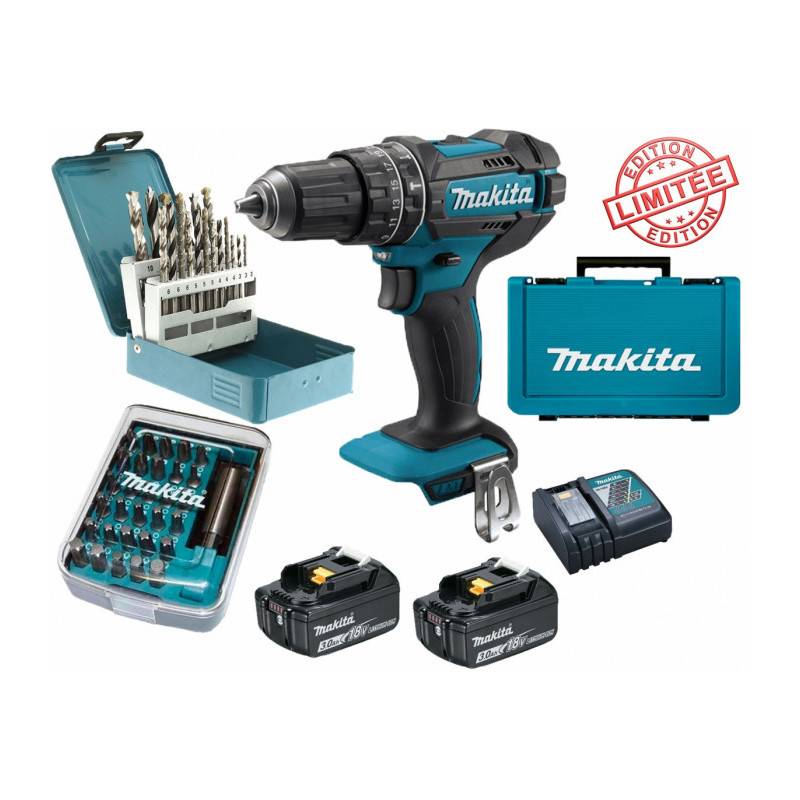 Perceuse visseuse à percussion Makita 18V 62Nm DHP482 + 2 batt 3 Ah + 30 embouts de vissage + 18 forets D-46202 Edition Limitée - Image 1