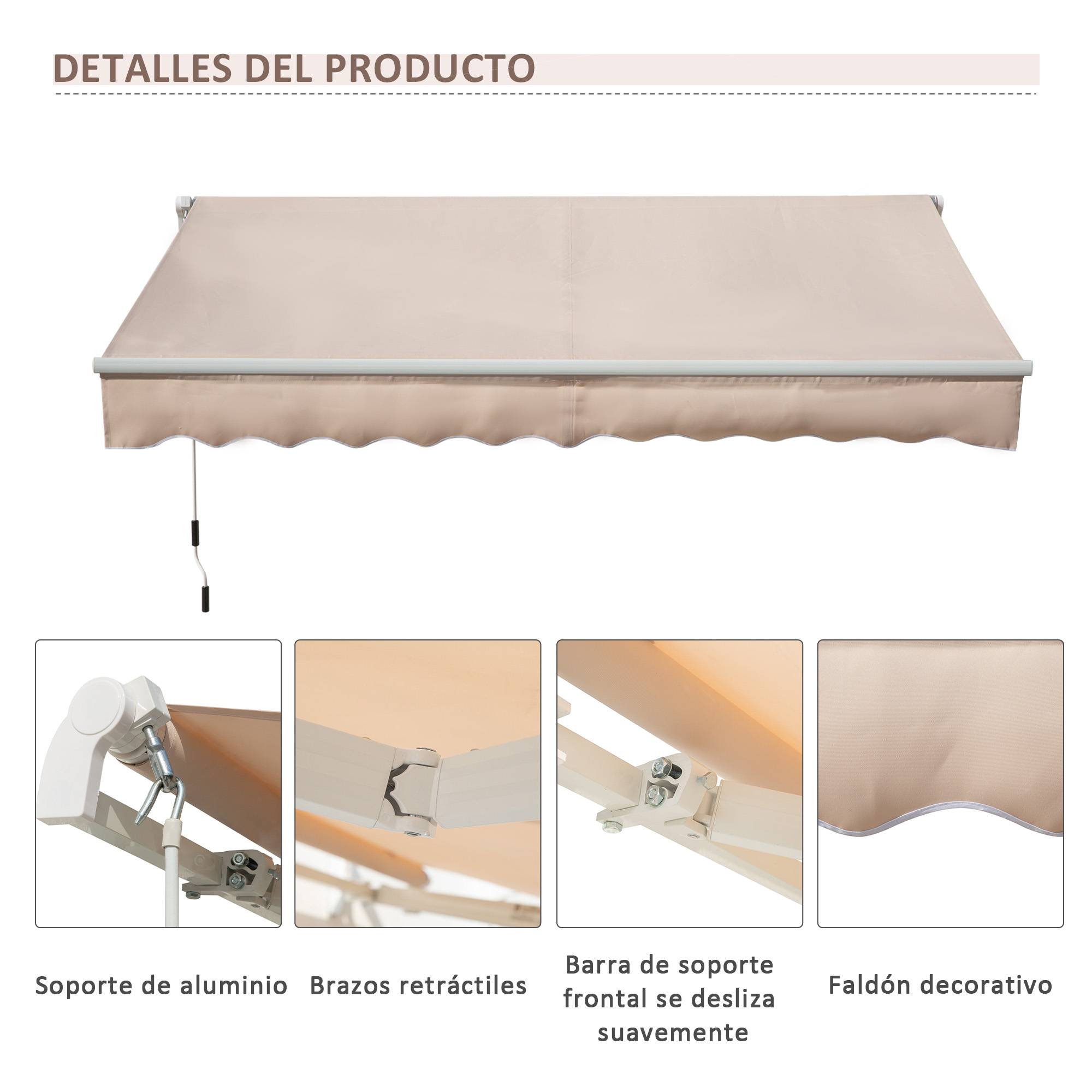 Store banne rétractable manuel 295 x 200 cm avec manivelle métallique, imperméable et anti-UV pour terrasse de jardin, beige - Image 9