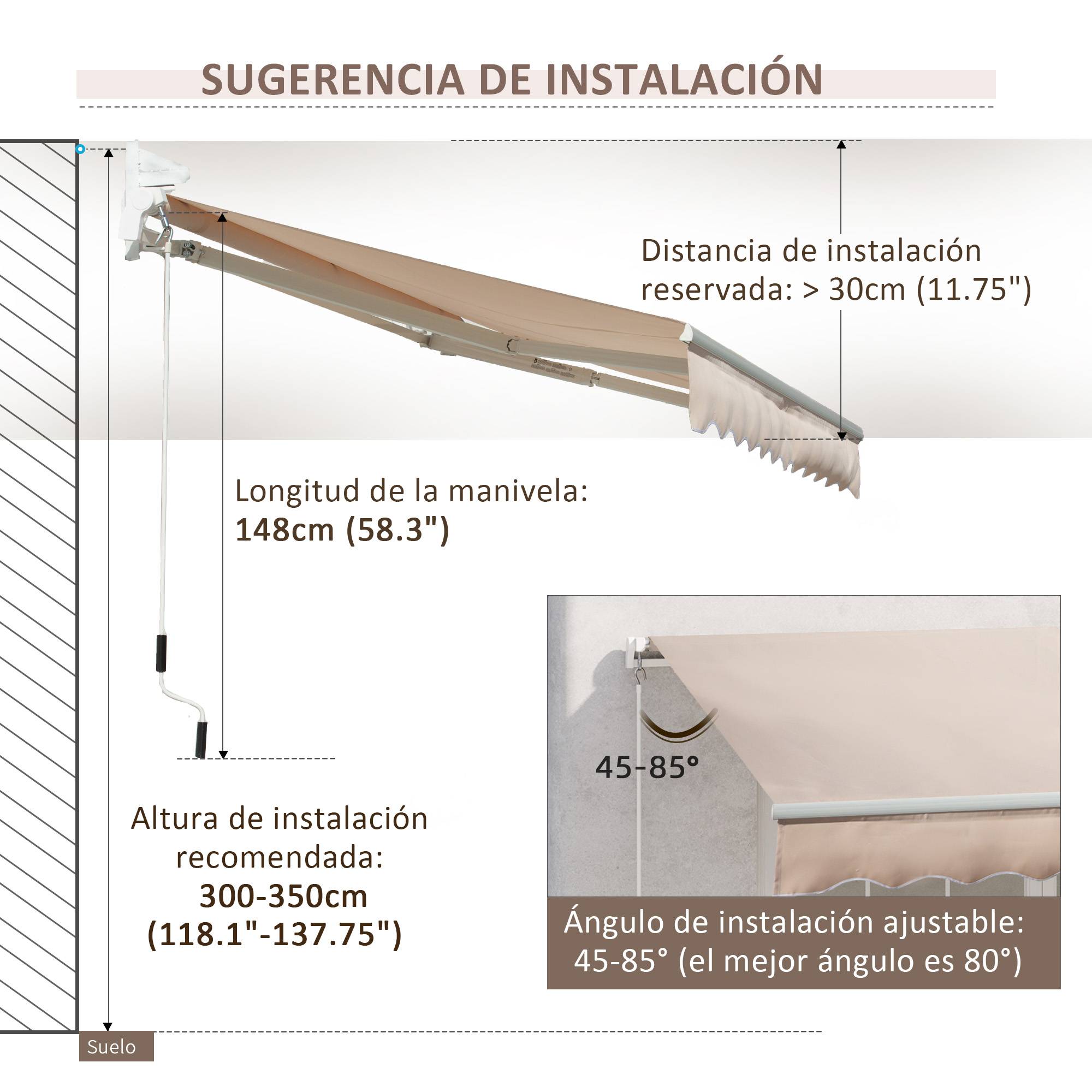 Store banne rétractable manuel 295 x 200 cm avec manivelle métallique, imperméable et anti-UV pour terrasse de jardin, beige - Image 10