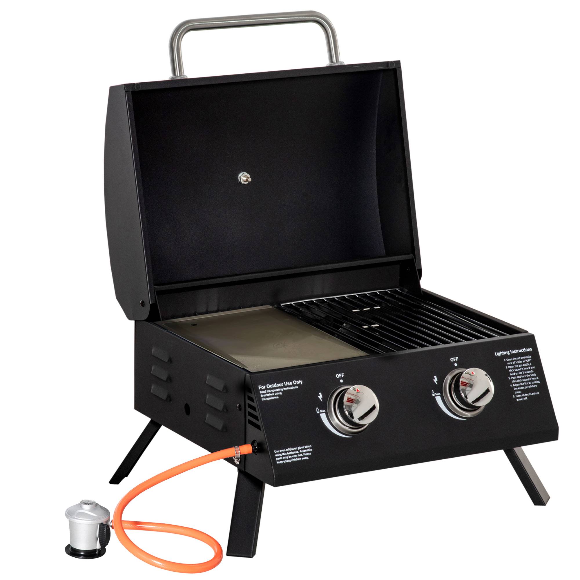 Barbecue à Gaz de Table Pliable 2 Brûleurs avec Couvercle, Grill Portable en Acier au Carbone, Noir 55 x 46,5 cm - Image 1