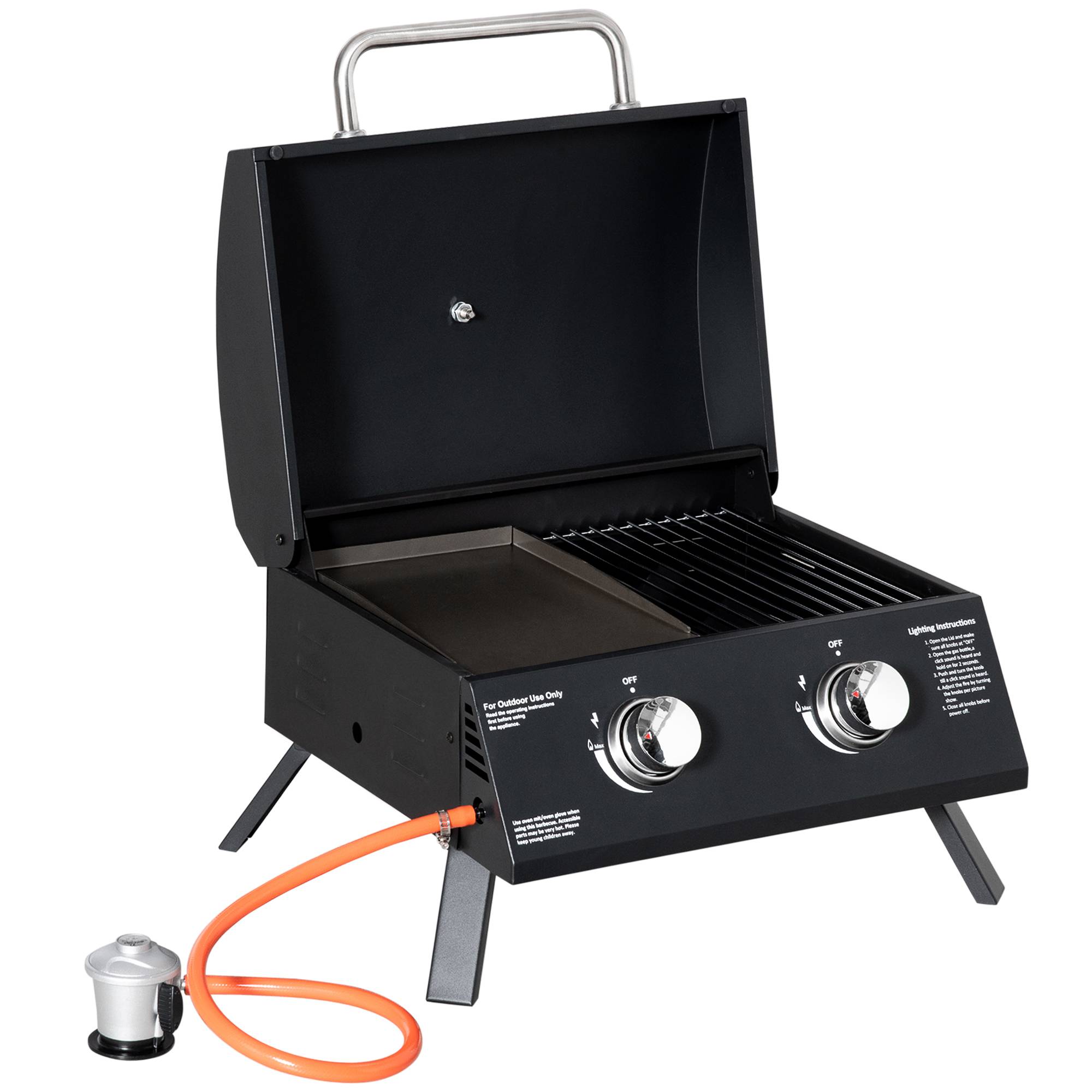 Barbecue à Gaz de Table Pliable 2 Brûleurs avec Couvercle, Grill Portable en Acier au Carbone, Noir 55 x 46,5 cm - Image 2