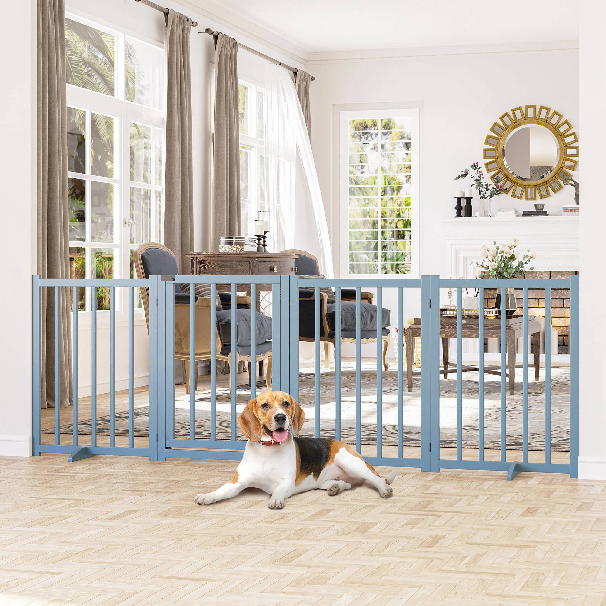 Sans Marque - Barrière pliable petits moyens chiens 4 panneaux bois porte 237,5x36x80 cm grise - Image 4