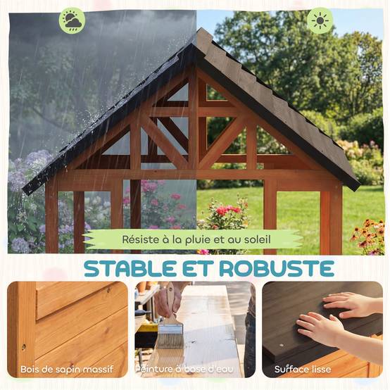 Cabane enfant extérieur en bois maison enfant extérieure table bancs évier porte fenêtre supports de fleurs marron - Image 8