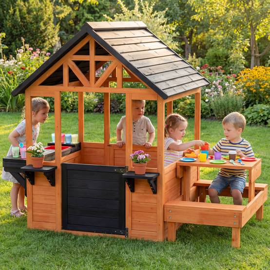 Cabane enfant extérieur en bois maison enfant extérieure table bancs évier porte fenêtre supports de fleurs marron - Image 3