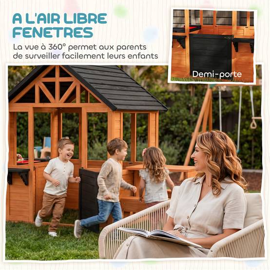 Cabane enfant extérieur en bois maison enfant extérieure table bancs évier porte fenêtre supports de fleurs marron - Image 9