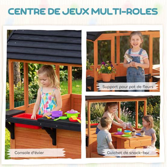 Cabane enfant extérieur en bois maison enfant extérieure table bancs évier porte fenêtre supports de fleurs marron - Image 6