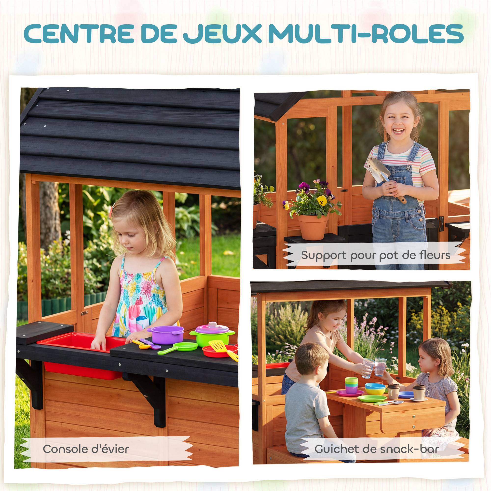 Cabane enfant extérieur en bois maison enfant extérieure table bancs évier porte fenêtre supports de fleurs marron - Image 6