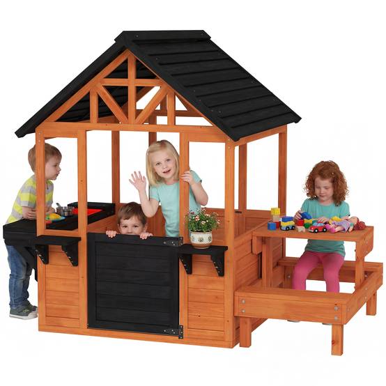 Cabane enfant extérieur en bois maison enfant extérieure table bancs évier porte fenêtre supports de fleurs marron - Image 1