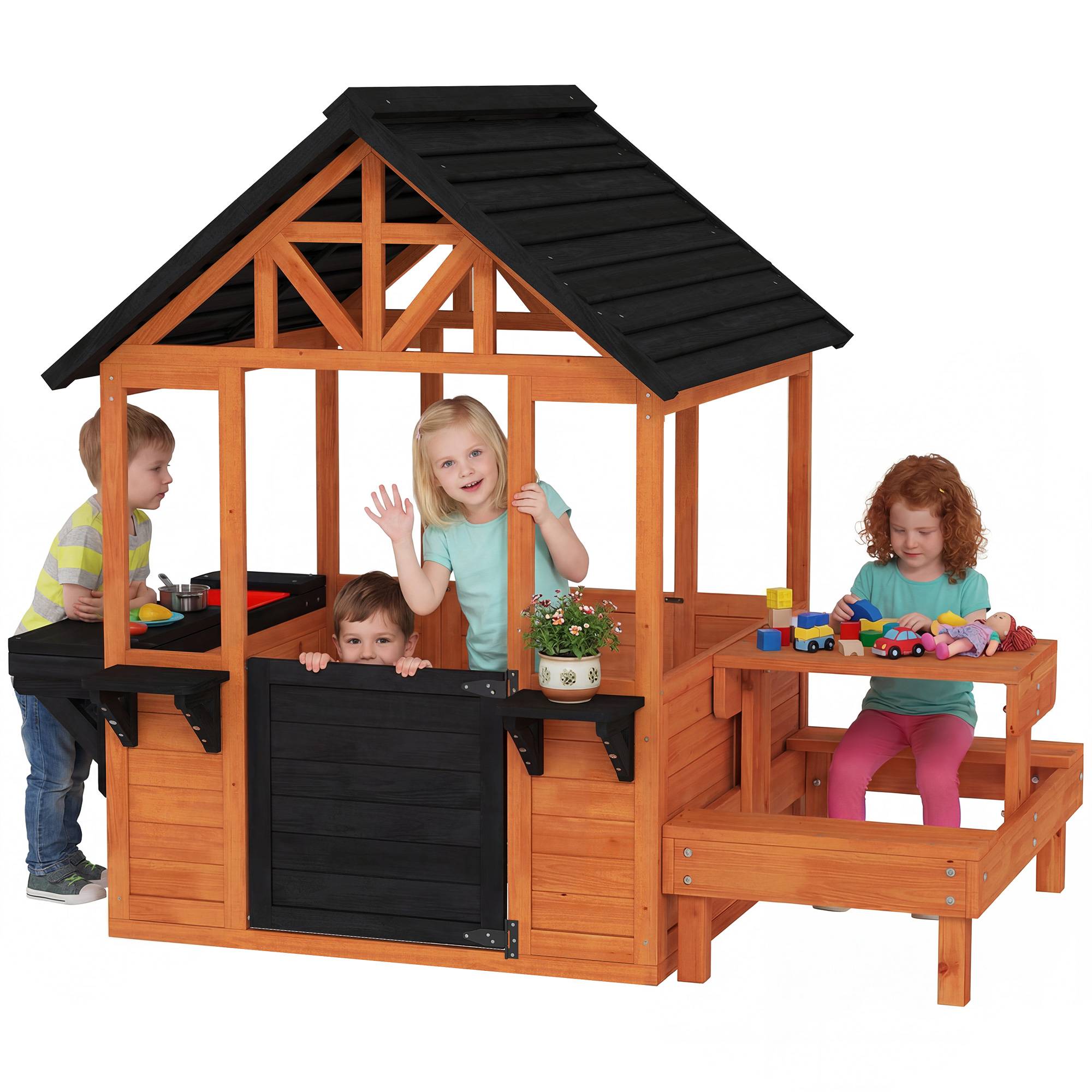 Cabane enfant extérieur en bois maison enfant extérieure table bancs évier porte fenêtre supports de fleurs marron - Image 1