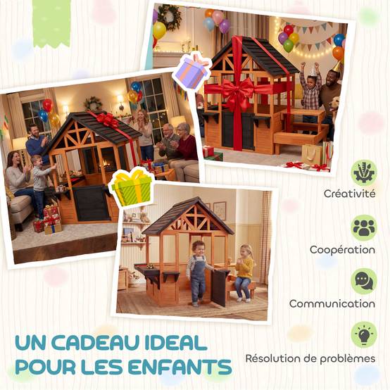 Cabane enfant extérieur en bois maison enfant extérieure table bancs évier porte fenêtre supports de fleurs marron - Image 10