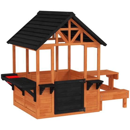 Cabane enfant extérieur en bois maison enfant extérieure table bancs évier porte fenêtre supports de fleurs marron - Image 2