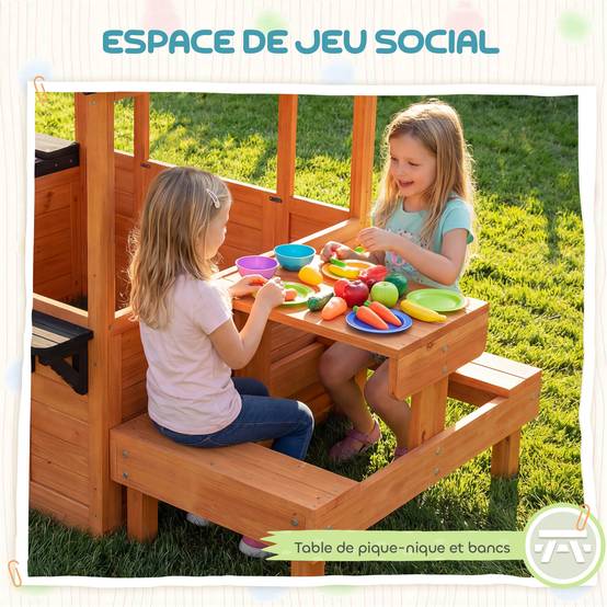 Cabane enfant extérieur en bois maison enfant extérieure table bancs évier porte fenêtre supports de fleurs marron - Image 7