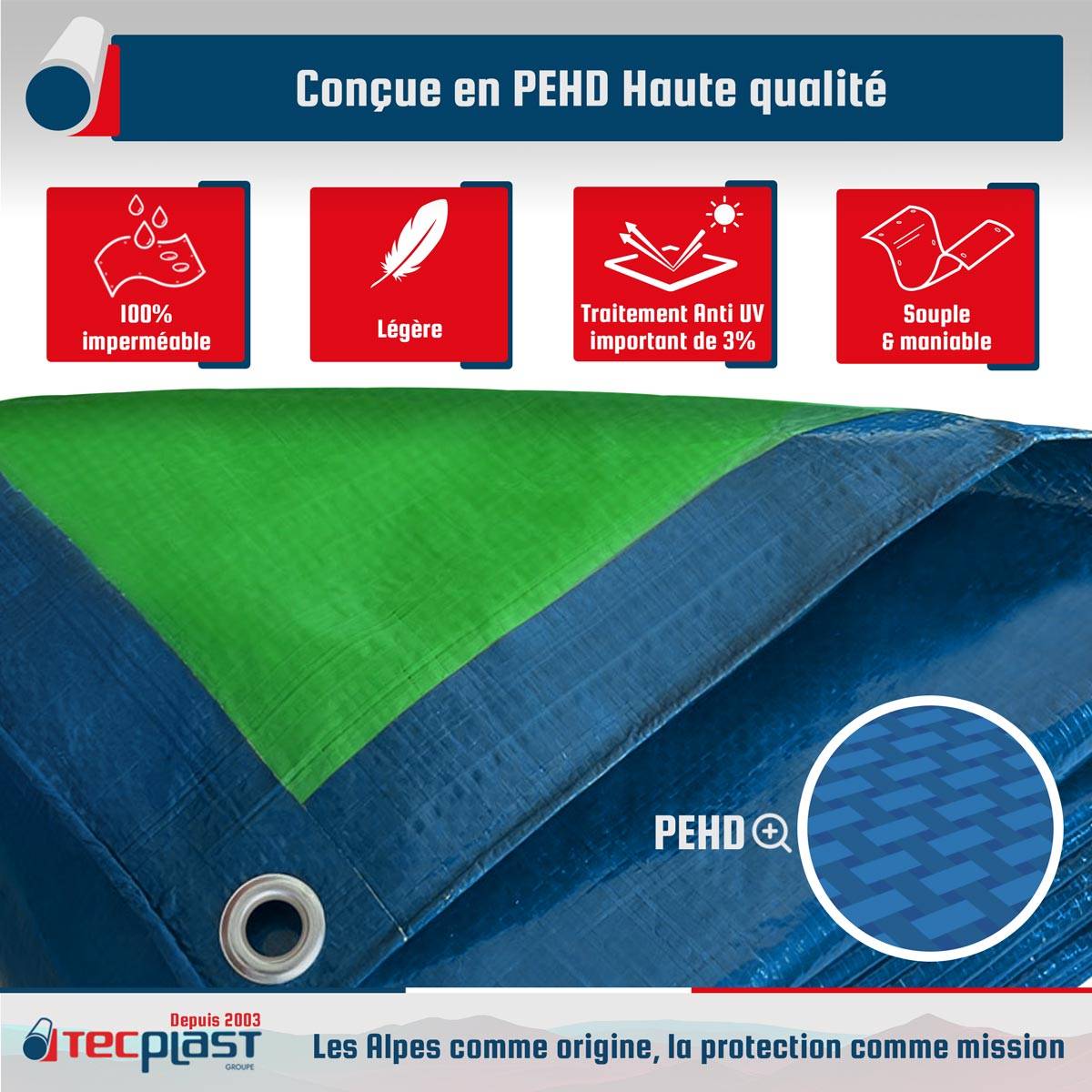 Bâche Jardin 5x8 m SR150JD Bleue et Verte - Haute Qualité - Bâche d'extérieur imperméable avec oeillets TECPLAST - Image 3