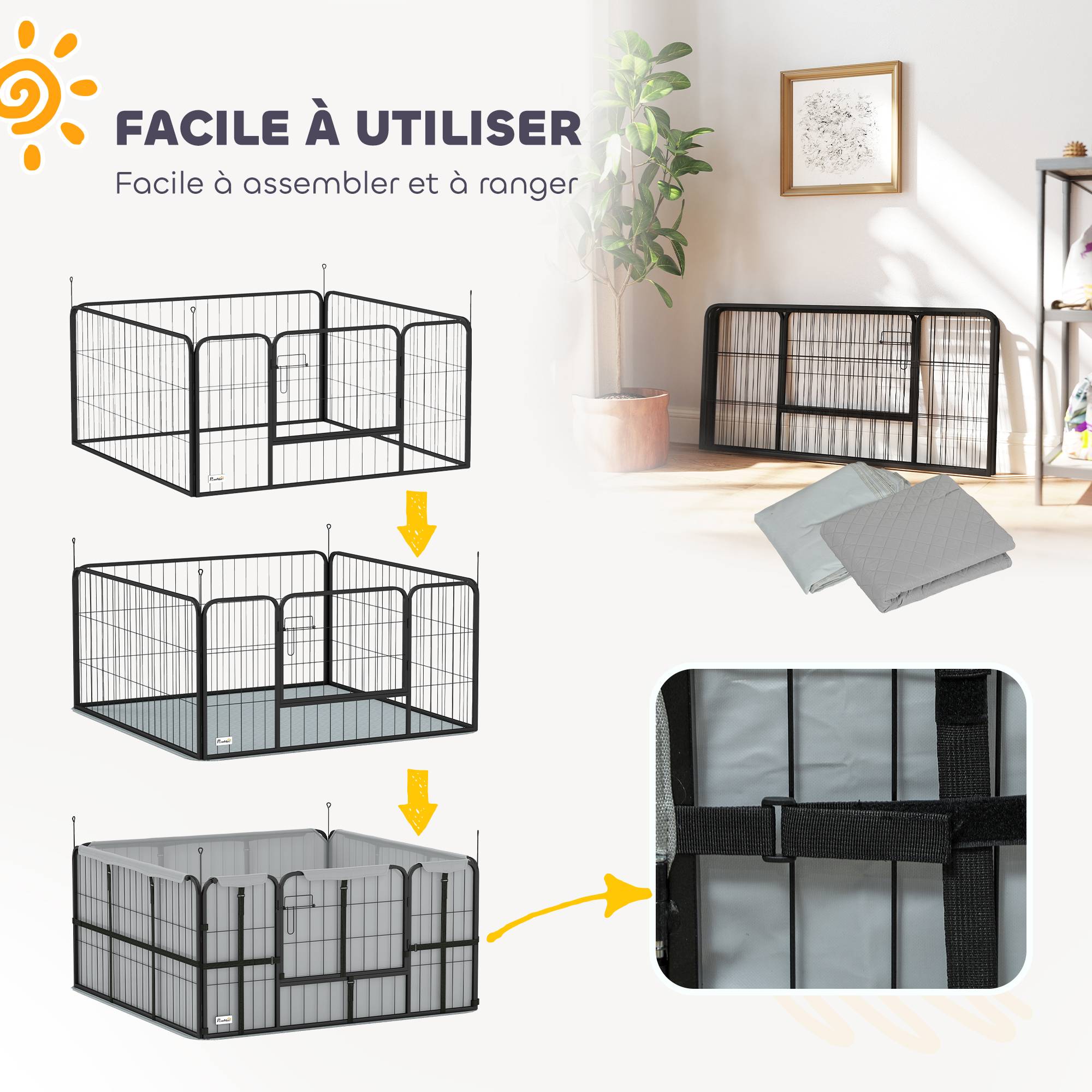 Caisse mise bas chien acier intérieur évolutif tapis lavable 122x122cm noir - ComfortXL Outdoor Living - Image 9