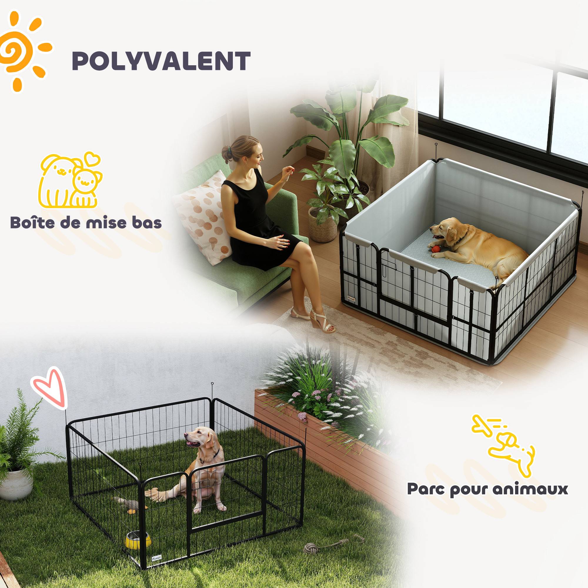 Caisse mise bas chien acier intérieur évolutif tapis lavable 122x122cm noir - ComfortXL Outdoor Living - Image 6