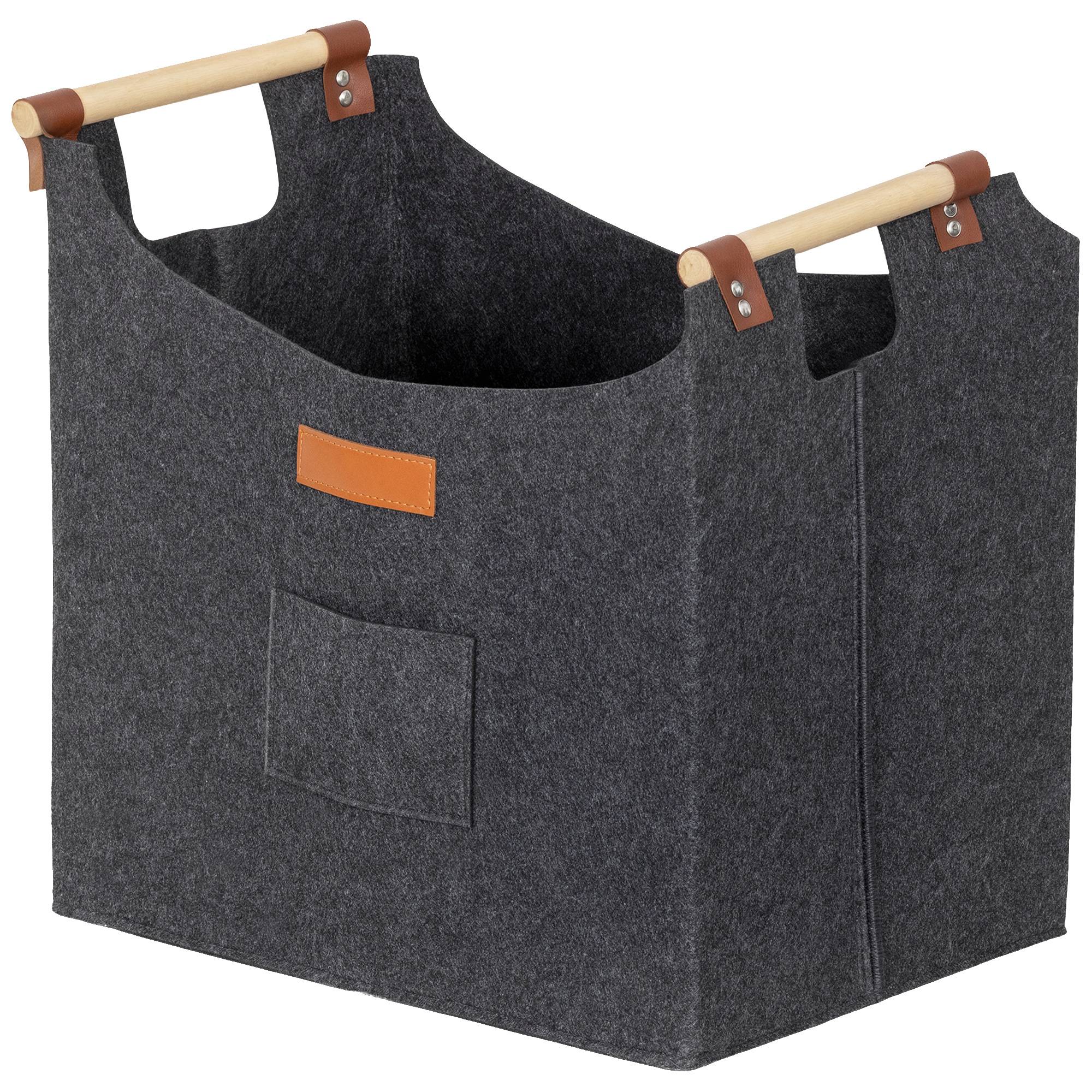 Porte-bûches en feutre pour usage intérieur avec poignées en bois, capacité de 15 kg, 45 x 32 x 40 cm, gris - Image 2